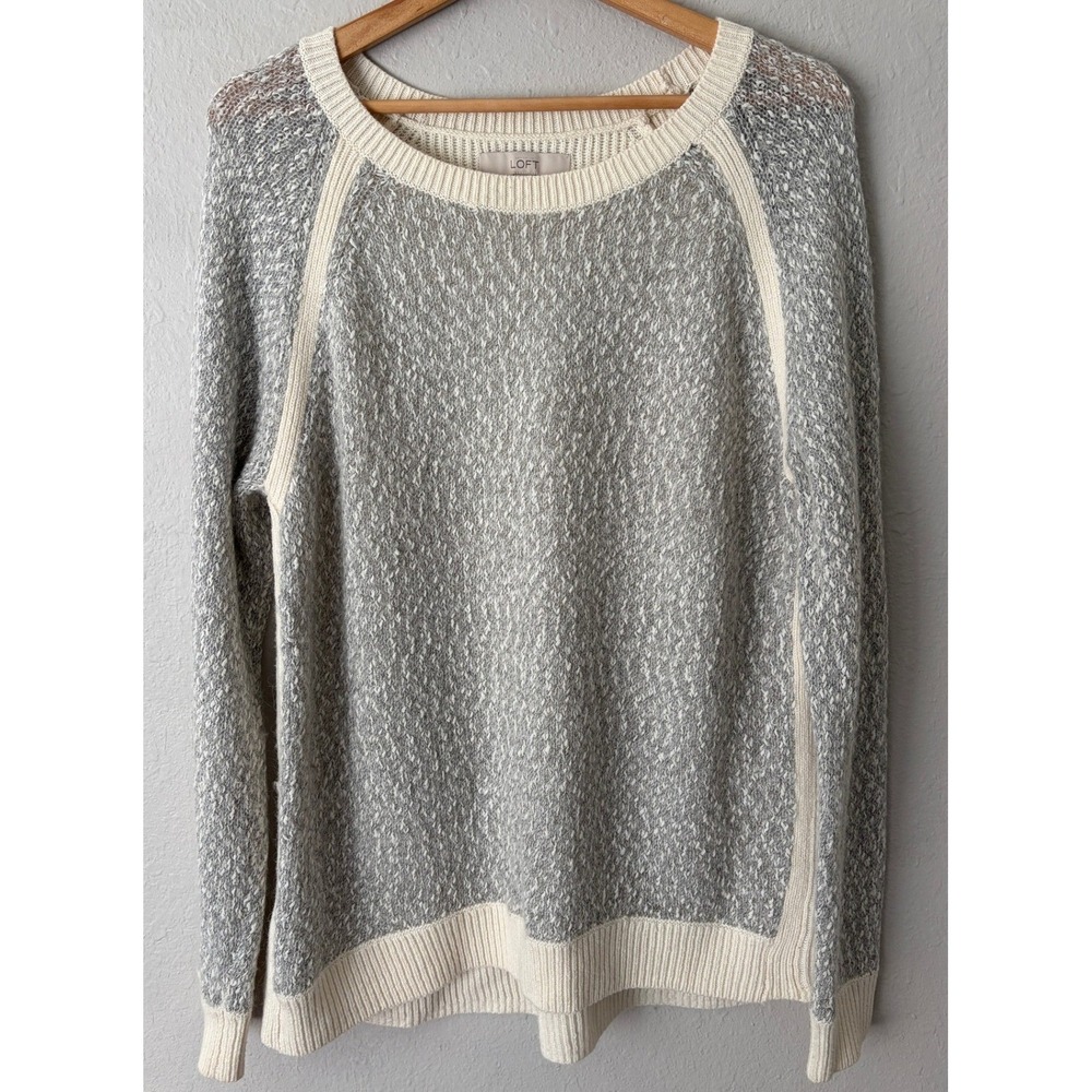 LOFT Women Mixed Knit Textured Raglan Sweater XL Wool Blend Grey Cream Pullover